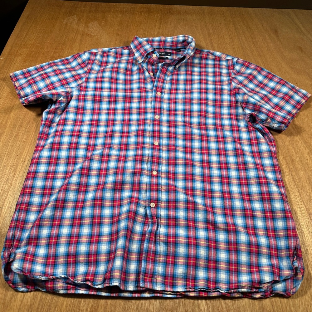 Cremieux Button Down Shirt Mens XL Blue Red Plaid Supima Cotton Short Sleeve